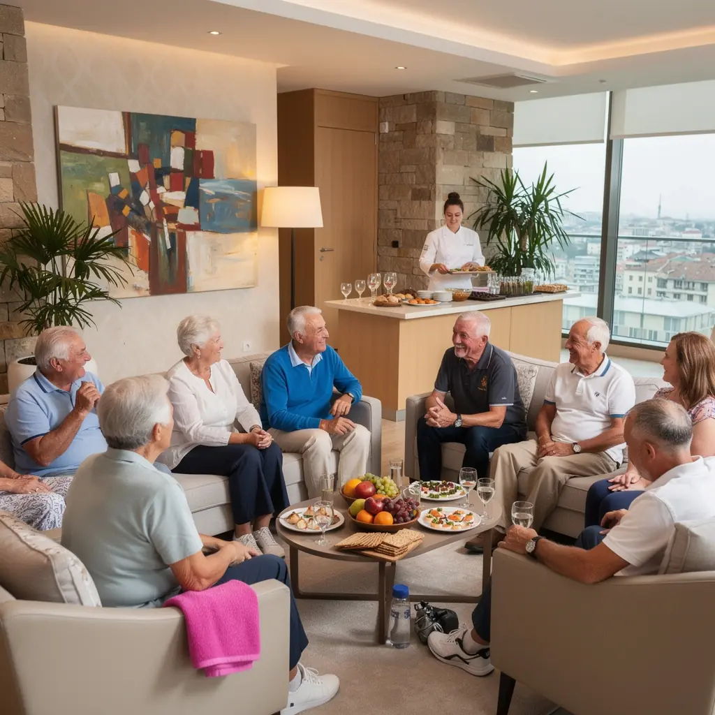 Група възрастни хора участва в кардио тренировка на открито, усмихнати и активни.