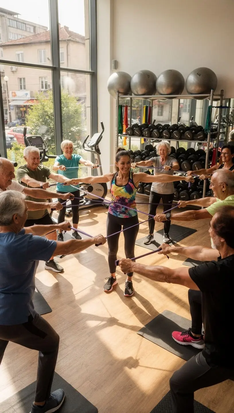 Мъж демонстрира упражнения за баланс и гъвкавост на фитнес уред.