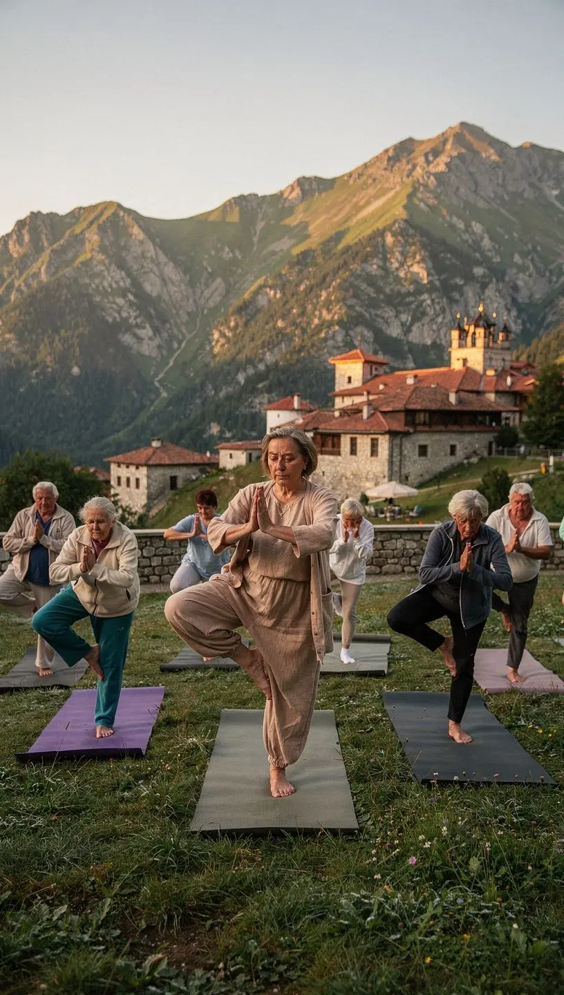 Група пенсионери се забавляват по време на занимания по активна гимнастика.